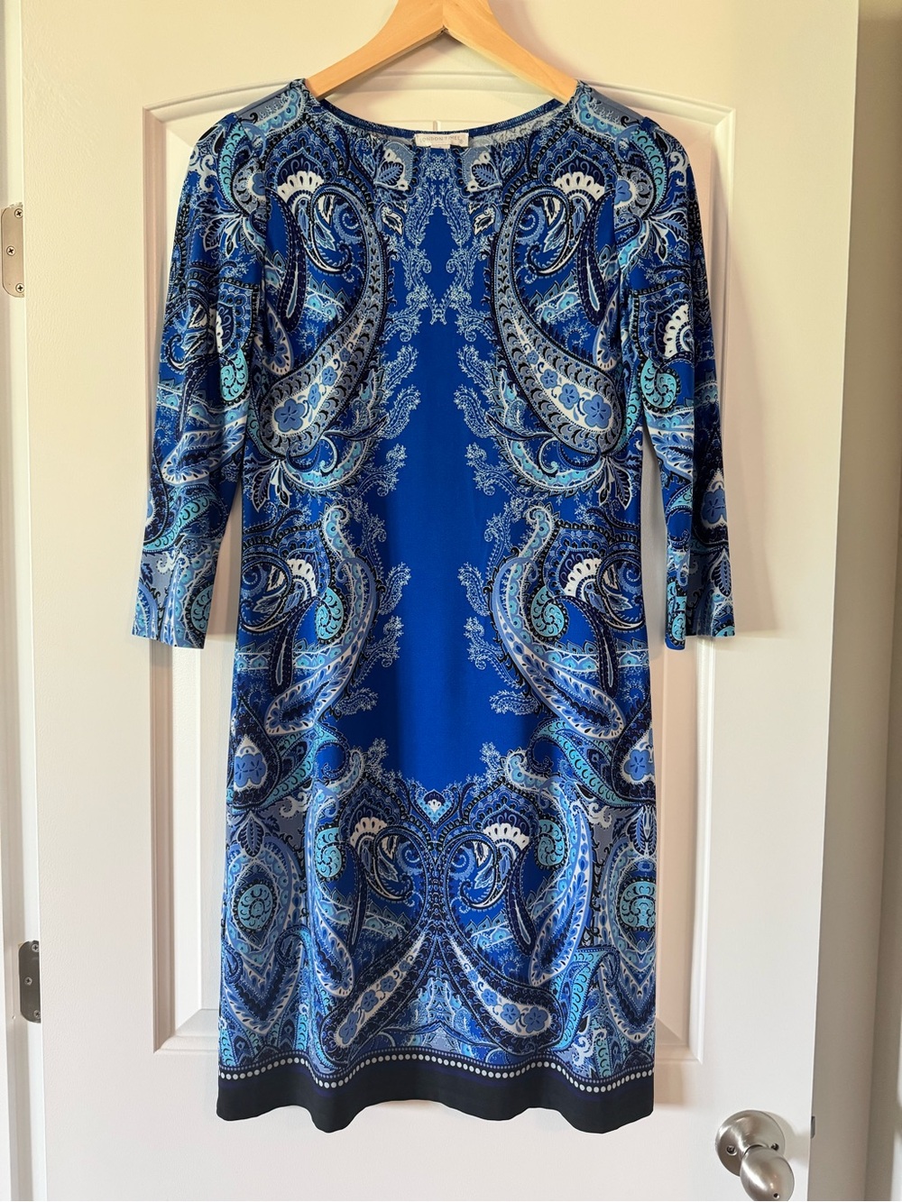 London Times Blue Paisley Sheath Dress Size 4 | 3/4 Sleeve Career Office - Picture 2 of 6
